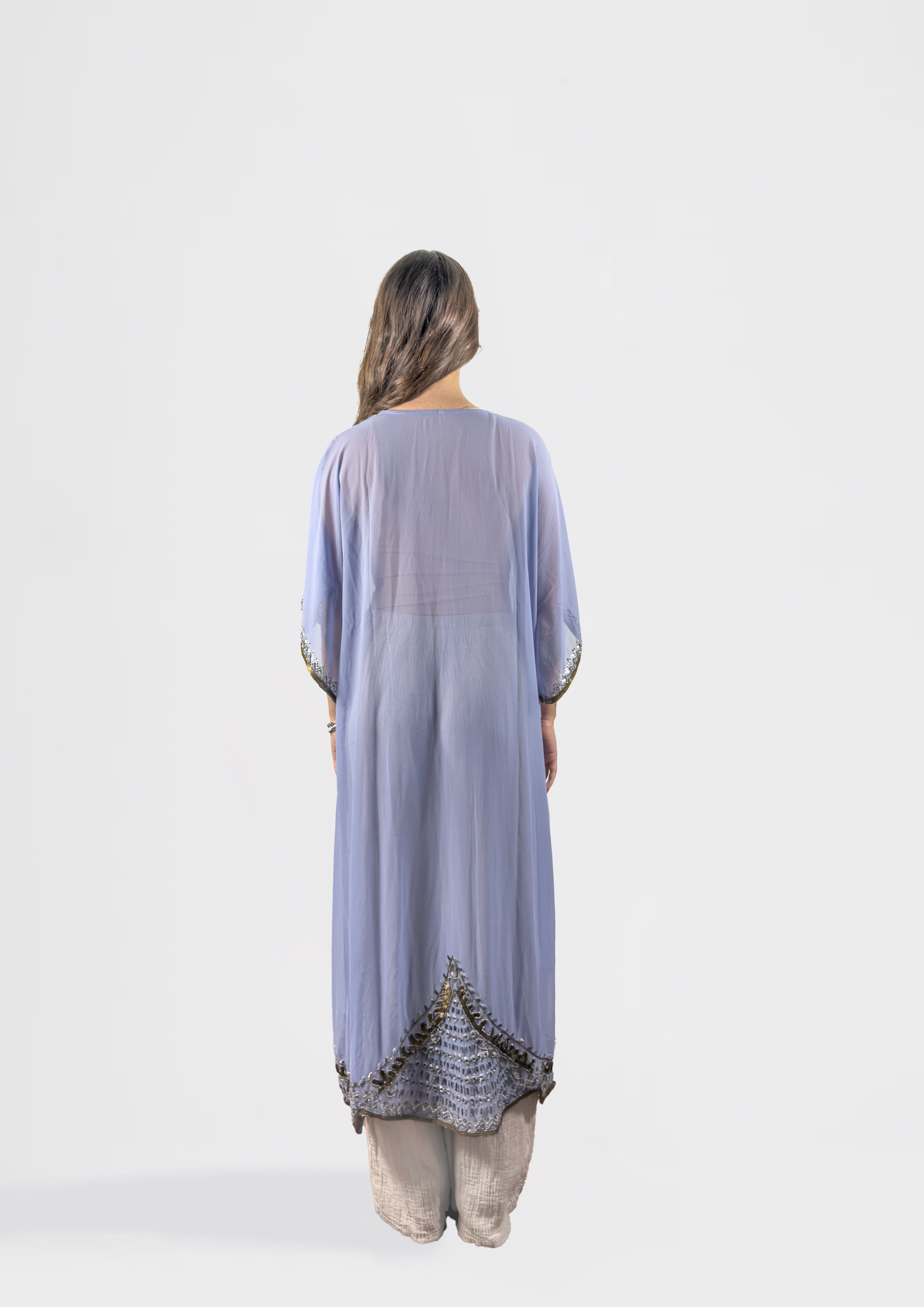 Sheer Embroidered Kimono with Beaded Trim