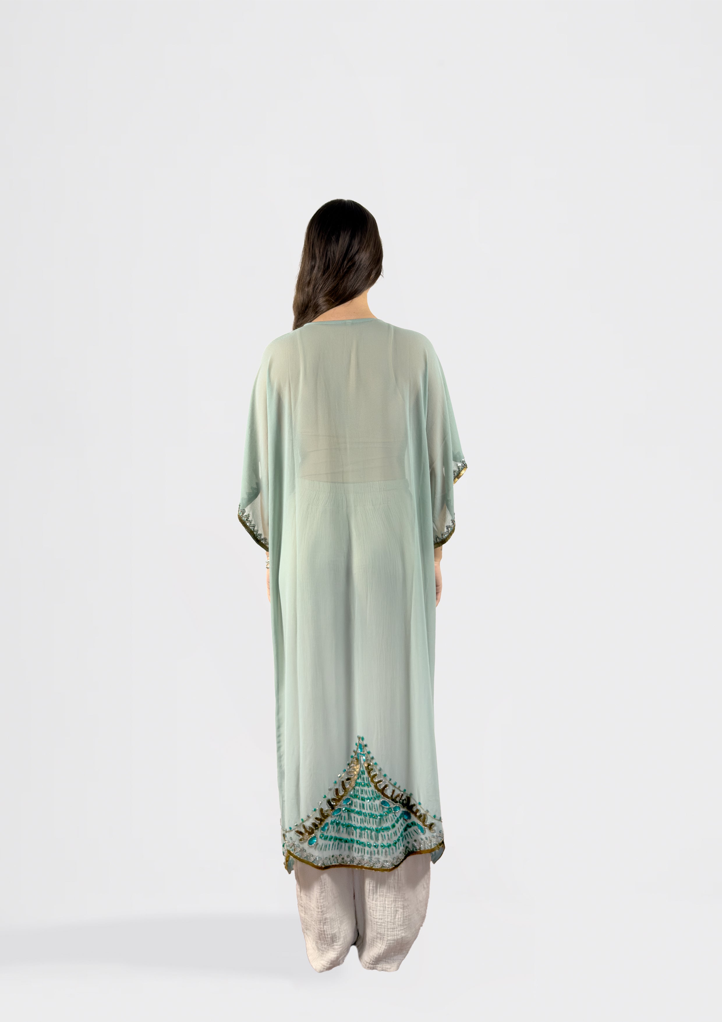 Sheer Embroidered Kimono with Beaded Trim