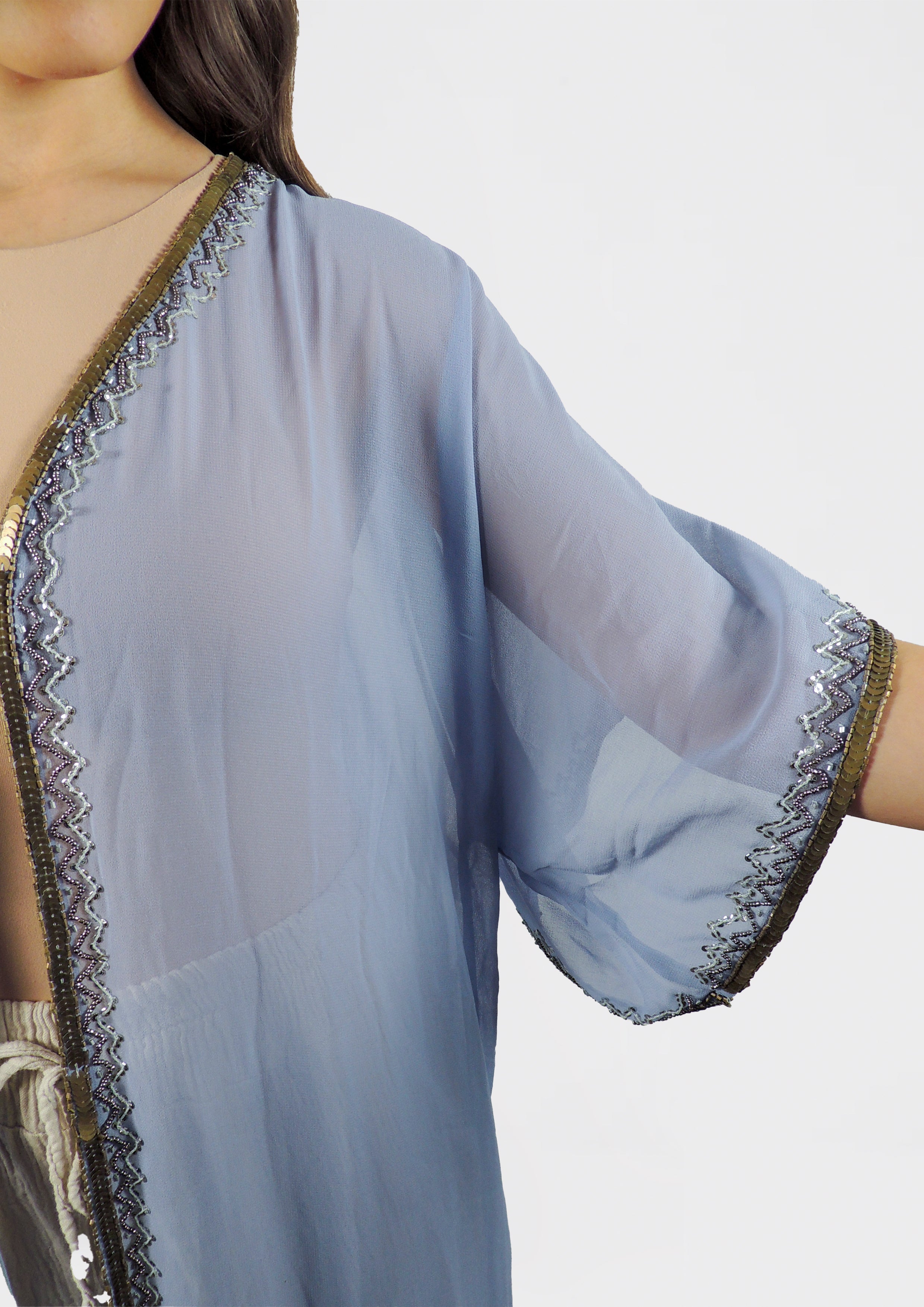 Sheer Embroidered Kimono with Beaded Trim