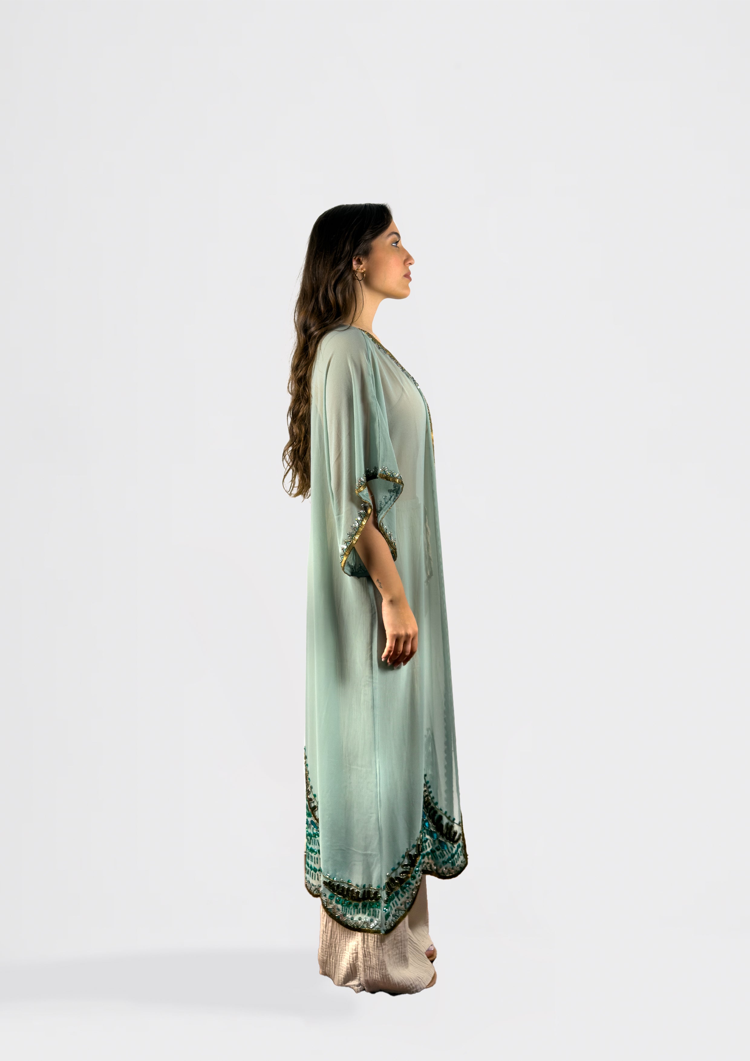 Sheer Embroidered Kimono with Beaded Trim