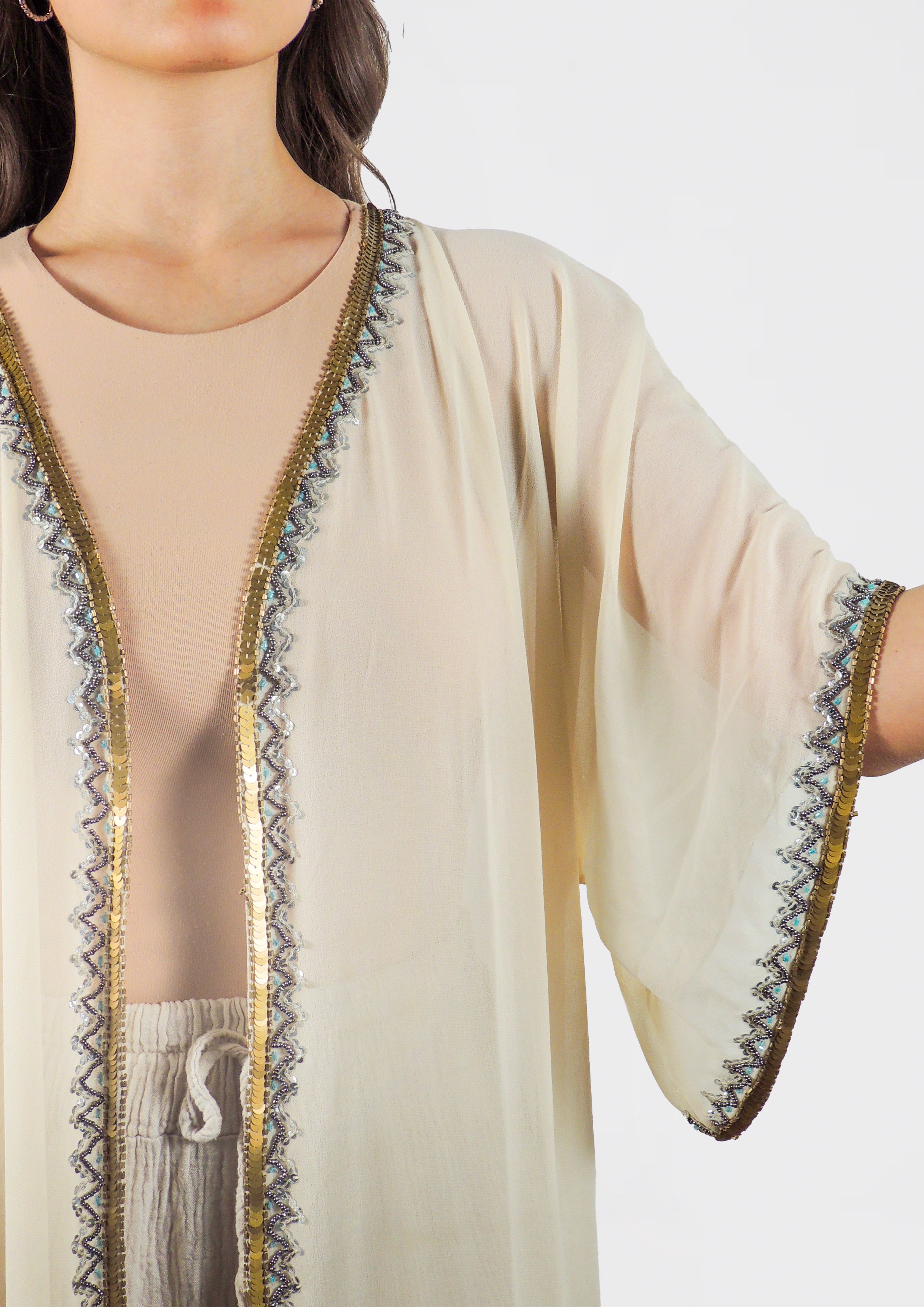 Sheer Embroidered Kimono with Beaded Trim