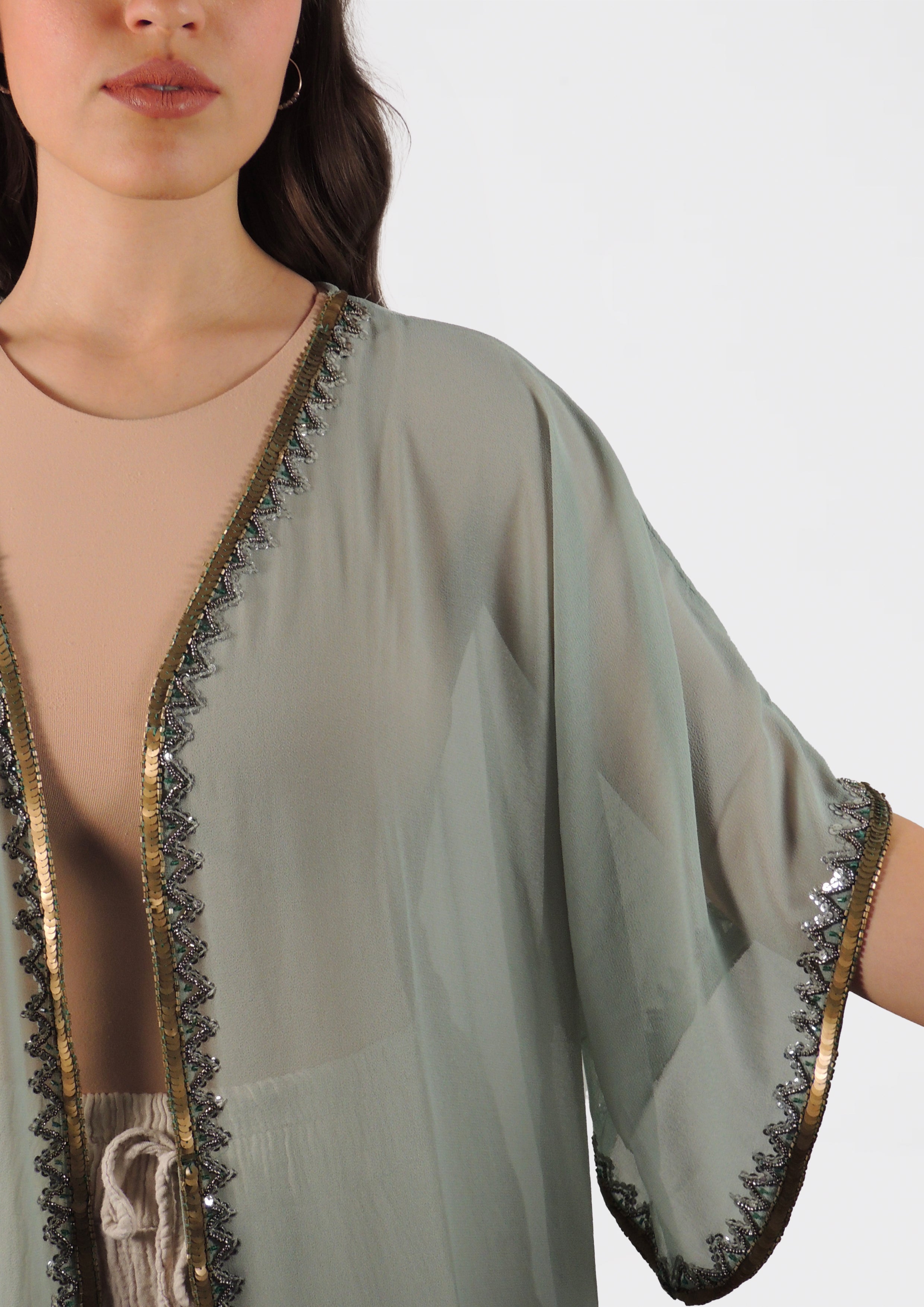 Sheer Embroidered Kimono with Beaded Trim