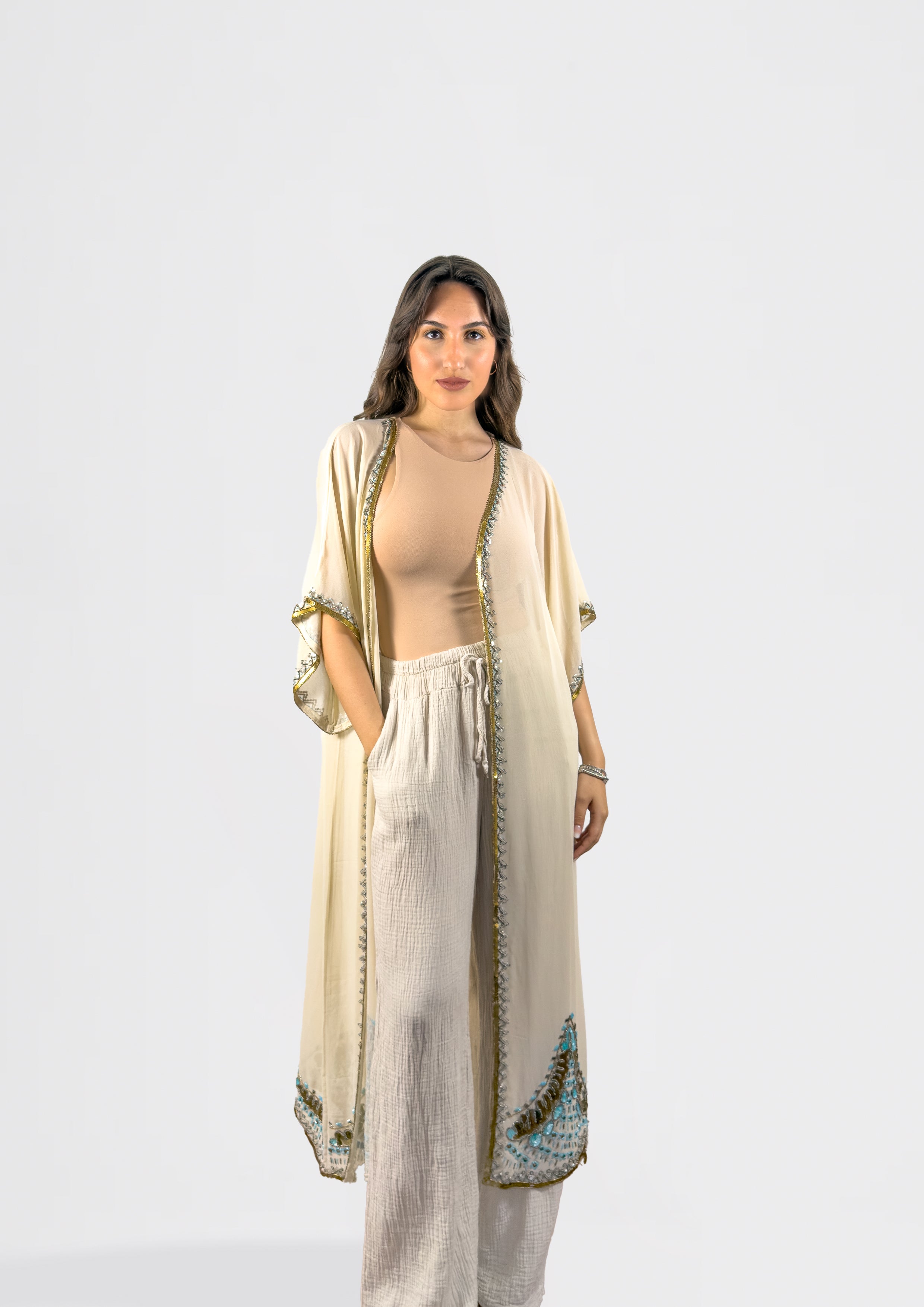 Sheer Embroidered Kimono with Beaded Trim