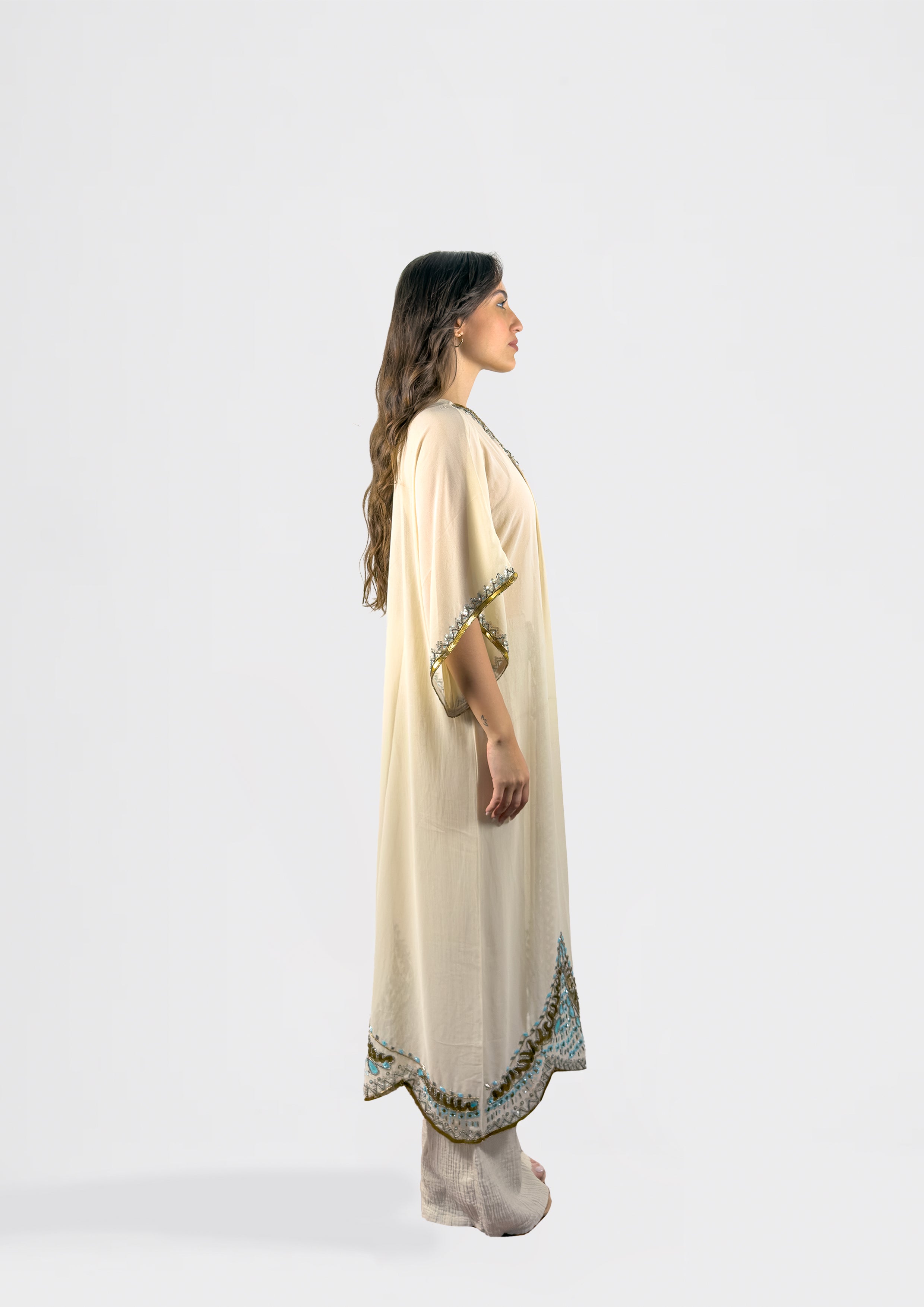 Sheer Embroidered Kimono with Beaded Trim