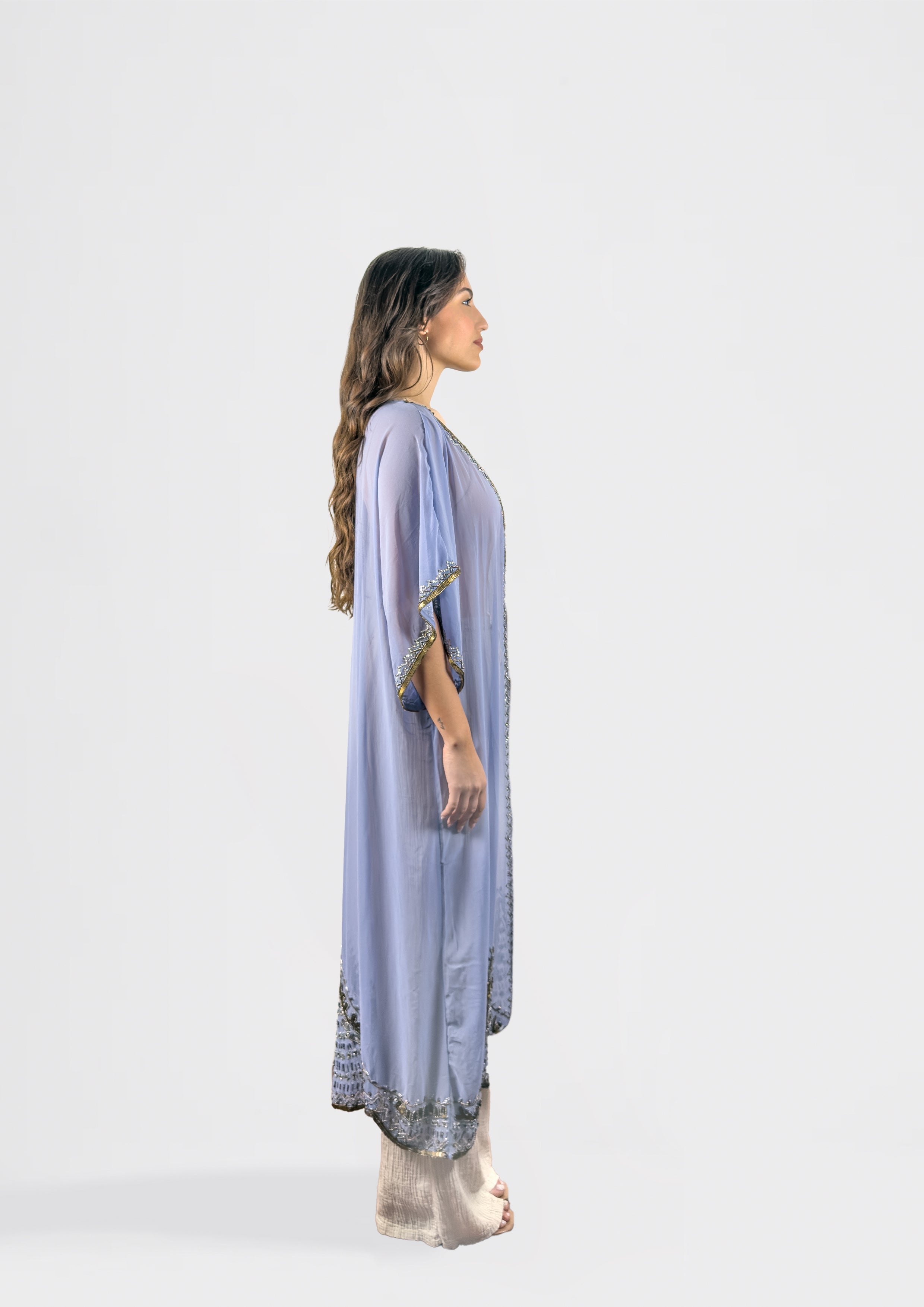 Sheer Embroidered Kimono with Beaded Trim