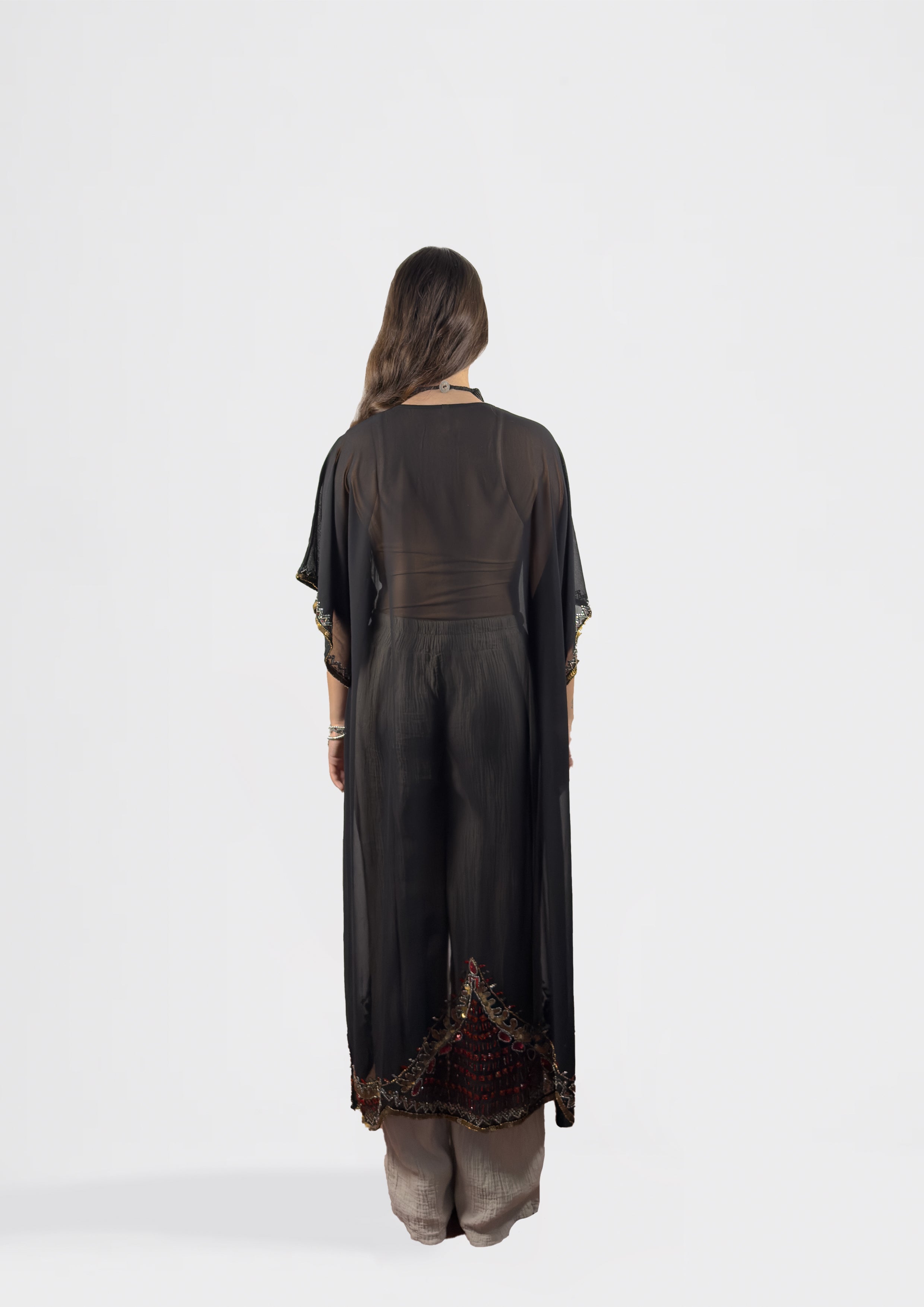 Sheer Embroidered Kimono with Beaded Trim