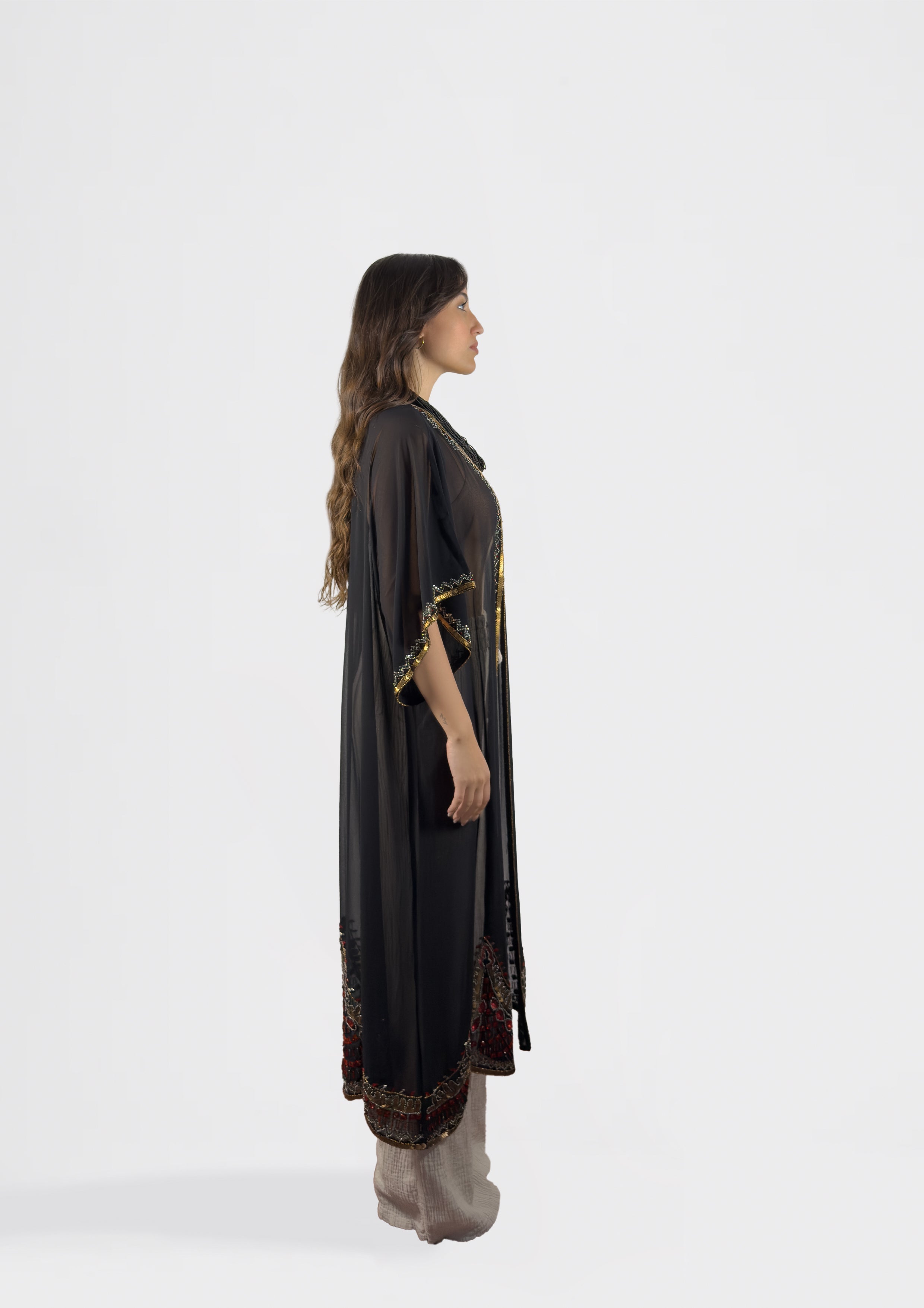 Sheer Embroidered Kimono with Beaded Trim